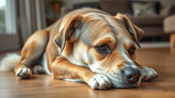 Cachorro idoso deitado no chão da sala, com expressão cansada e olhar distante