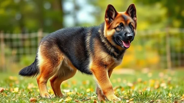 Filhote de cão de raça grande, similar a Pastor Alemão ou Labrador, caminhando em ambiente externo