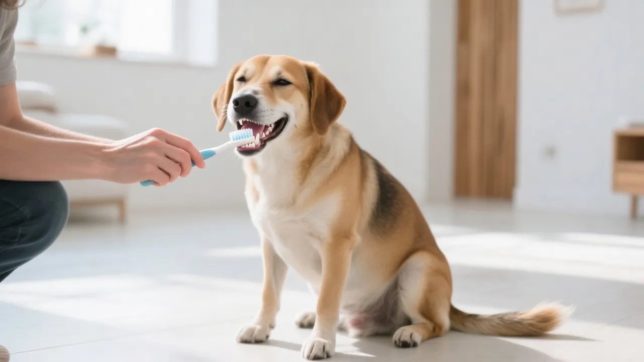 Tutor escovando os dentes do cachorro em casa