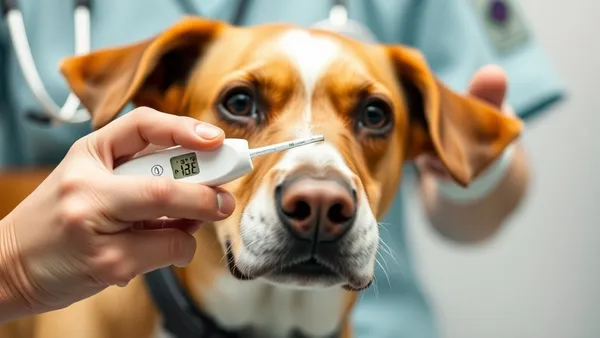 Veterinária medindo a temperatura de um cachorro com termômetro digital durante consulta clínica