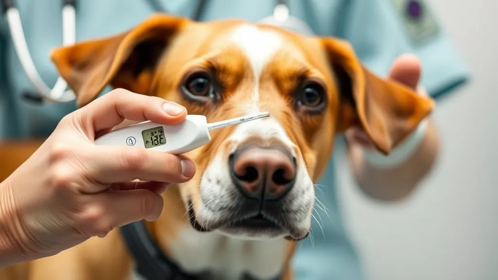 Veterinária medindo a temperatura de um cachorro com termômetro digital durante consulta clínica
