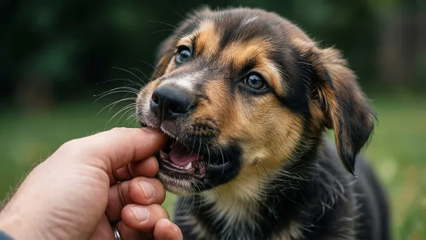 Filhote de cachorro mordendo a mão do tutor durante brincadeira
