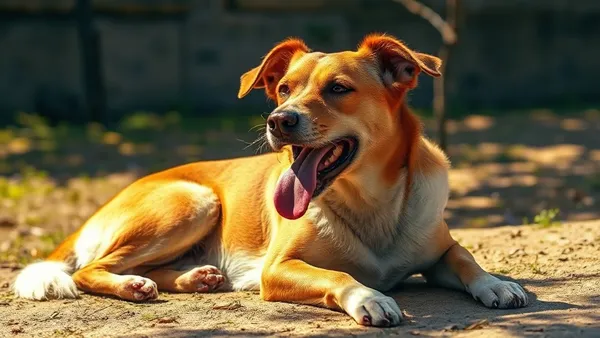 Cachorro deitado à sombra, ofegante, num dia de calor intenso