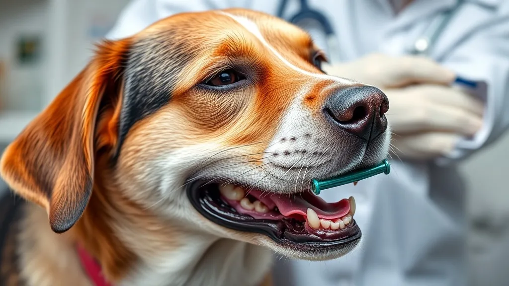Cachorro com a boca aberta sendo examinado por veterinária durante consulta clínica