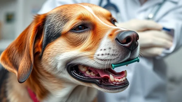 Cachorro com a boca aberta sendo examinado por veterinária durante consulta clínica