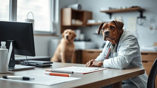Mesa de consultório veterinário com prontuário, estetoscópio e papelada