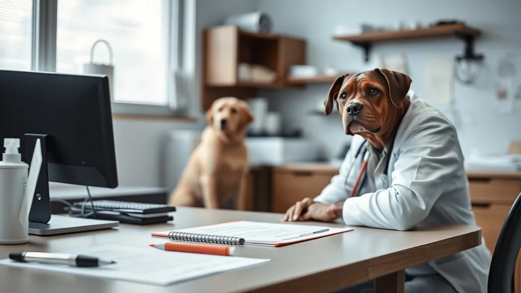 Mesa de consultório veterinário com prontuário, estetoscópio e papelada