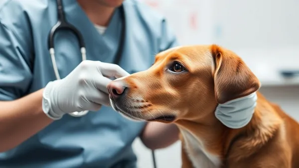 Veterinária aferindo a pressão arterial de um cachorro de porte médio com manguito na pata dianteira durante consulta clínica