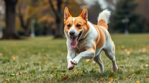Cão de porte médio correndo em parque gramado durante passeio ao ar livre