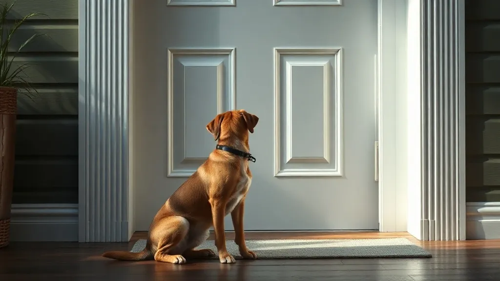 Cachorro deitado perto da porta de entrada, esperando sozinho dentro de casa