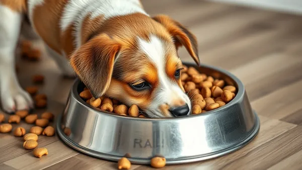 Filhote de cachorro comendo ração de um pote próximo ao chão, em ambiente doméstico