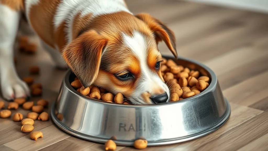 Filhote de cachorro comendo ração de um pote próximo ao chão, em ambiente doméstico
