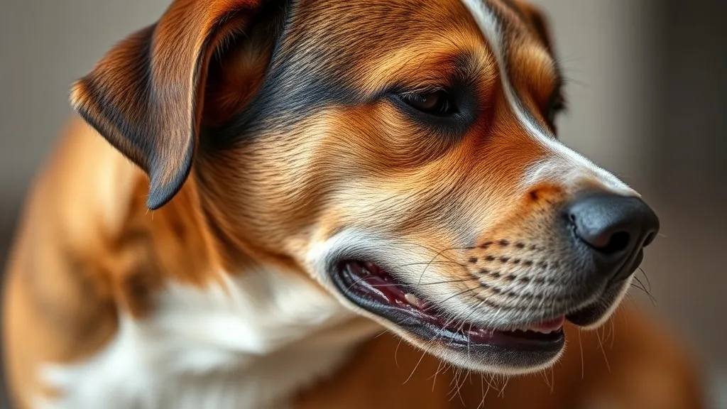 Cachorro deitado com postura encurvada e expressão tensa, indicando desconforto ou dor