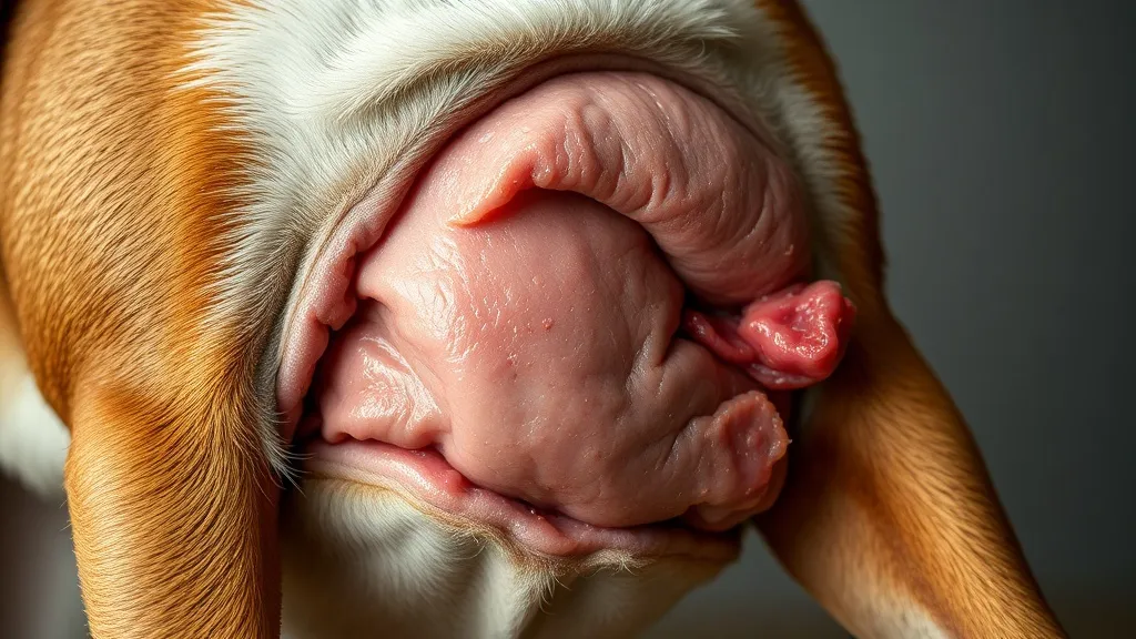 Cão de porte grande deitado com abdômen visível, em posição de desconforto, olhando para o tutor