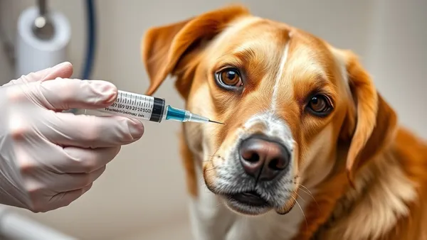 Veterinária aplicando vacina em cachorro adulto sobre mesa de exame clínica veterinária