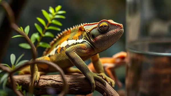 Camaleão-véu verde agarrado a um galho dentro de terrário telado com plantas