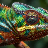 Camaleão de cores vibrantes em galho, com escamas em tons de verde, amarelo e laranja visíveis