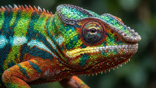 Camaleão de cores vibrantes em galho, com escamas em tons de verde, amarelo e laranja visíveis