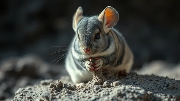 Chinchila cinza tomando banho de areia em recipiente de vidro, com a pelagem aerada pela poeira vulcânica