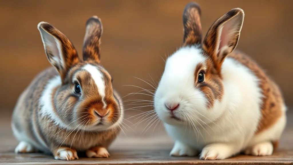 Dois coelhos domésticos em grama — um mini lop de orelhas caídas e um anão de orelhas eretas — lado a lado