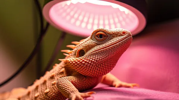 Dragão-barbudo (Pogona vitticeps) se aquecendo sob lâmpada de basking em terrário