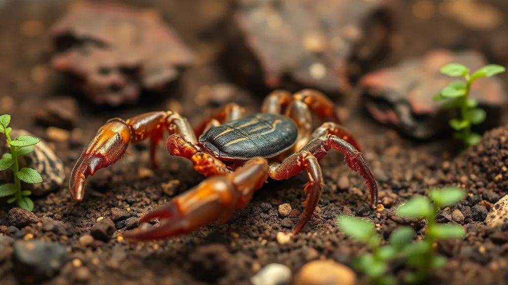 Escorpião-imperador preto de pinças grossas sobre substrato de coco em terrário de vidro
