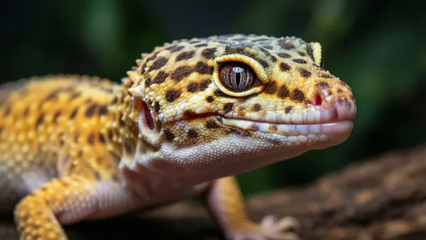 Gecko-leopardo com pele amarela e manchas escuras sobre substrato de terrário