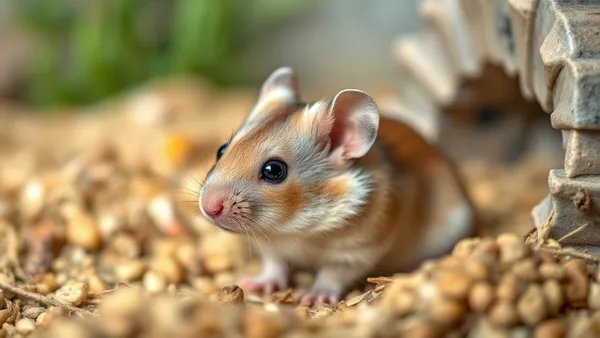 Gerbil de pelagem marrom-dourada em substrato profundo com galhos e esconderijo de madeira natural dentro de aquário-viveiro