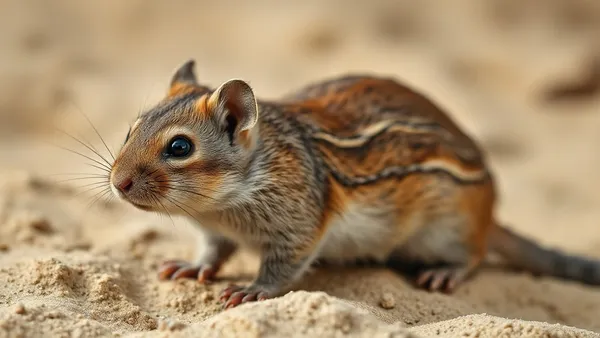 Gerbil mongol de pelagem areia sobre substrato de areia e gravetos, com postura de alerta e olhos abertos