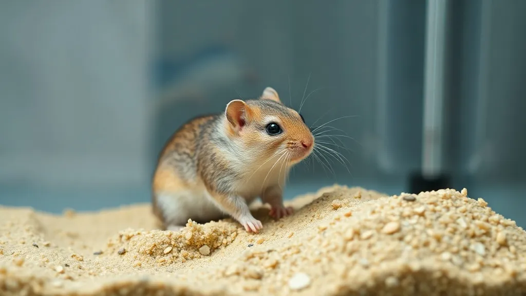 Gerbil de pelagem agouti cavando túnel em substrato fundo dentro de tanque de vidro