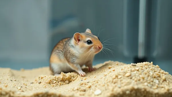 Gerbil de pelagem agouti cavando túnel em substrato fundo dentro de tanque de vidro