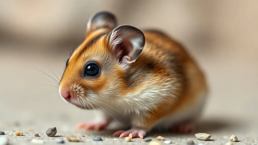 Hamster anão pequeno de pelagem clara sobre substrato profundo dentro de um terrário