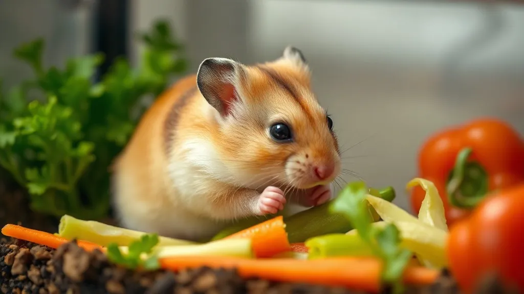 Hamster sírio dourado comendo uma pequena porção de vegetais frescos sobre substrato claro dentro de um terrário