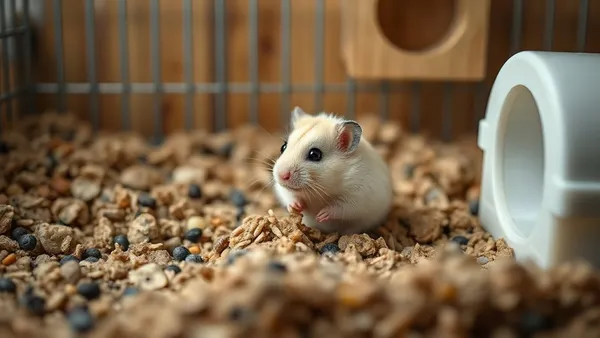 Hamster sírio dourado em gaiola com substrato profundo e acessórios de enriquecimento ambiental