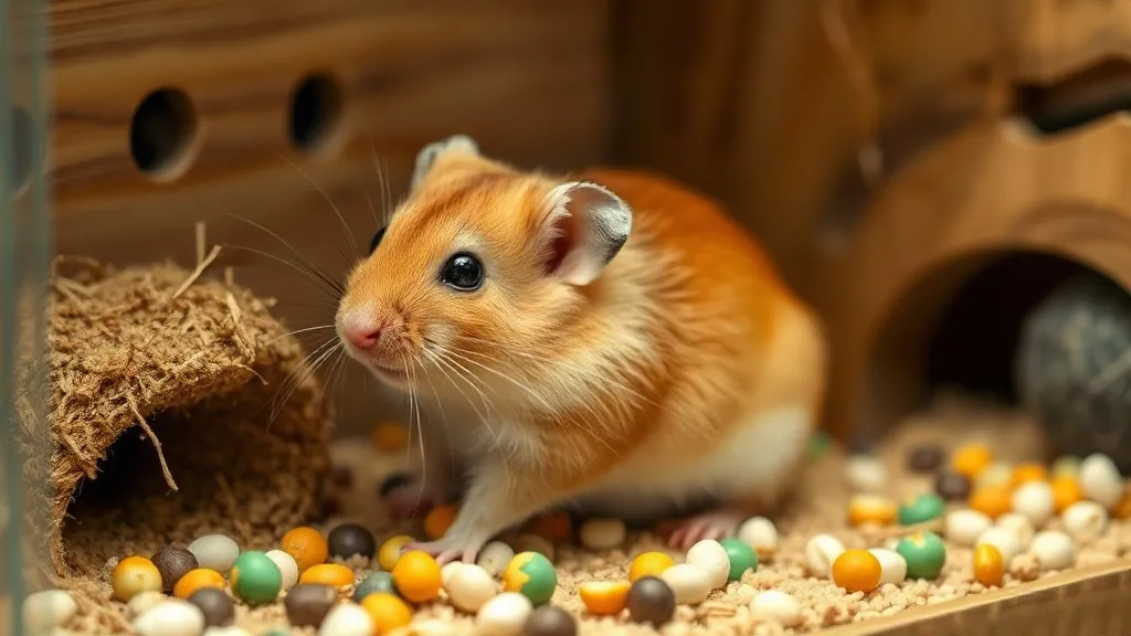 Hamster sírio dourado em ambiente enriquecido com substrato profundo, roda sólida grande e esconderijo de madeira natural