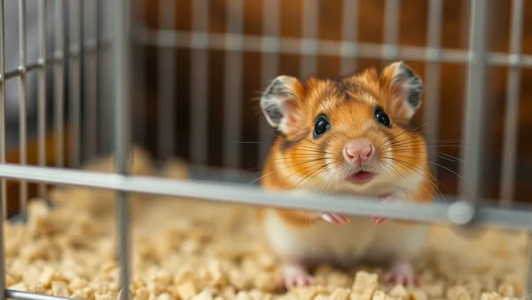 Hamster sírio dourado sozinho dentro de gaiola com substrato fundo e roda