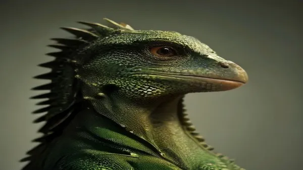 Iguana-verde macho com dewlap estendida e coloração alaranjada em postura de exibição