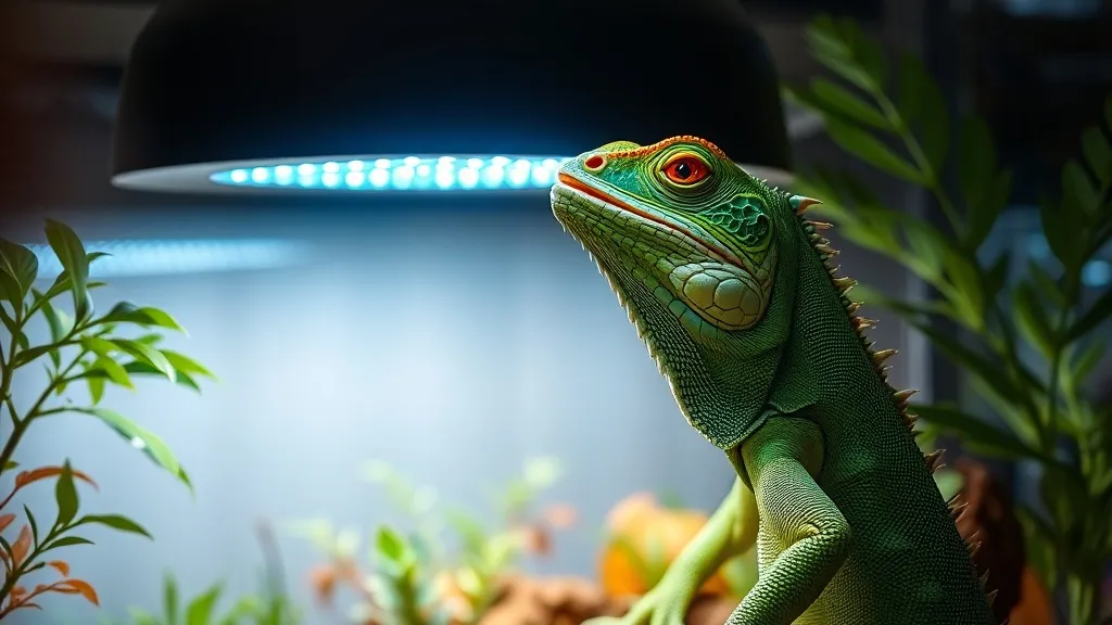 Iguana verde adulta tomando sol sob lâmpada UVB em recinto amplo com galhos