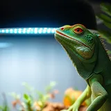 Iguana verde adulta tomando sol sob lâmpada UVB em recinto amplo com galhos