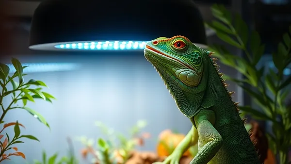 Iguana verde adulta tomando sol sob lâmpada UVB em recinto amplo com galhos