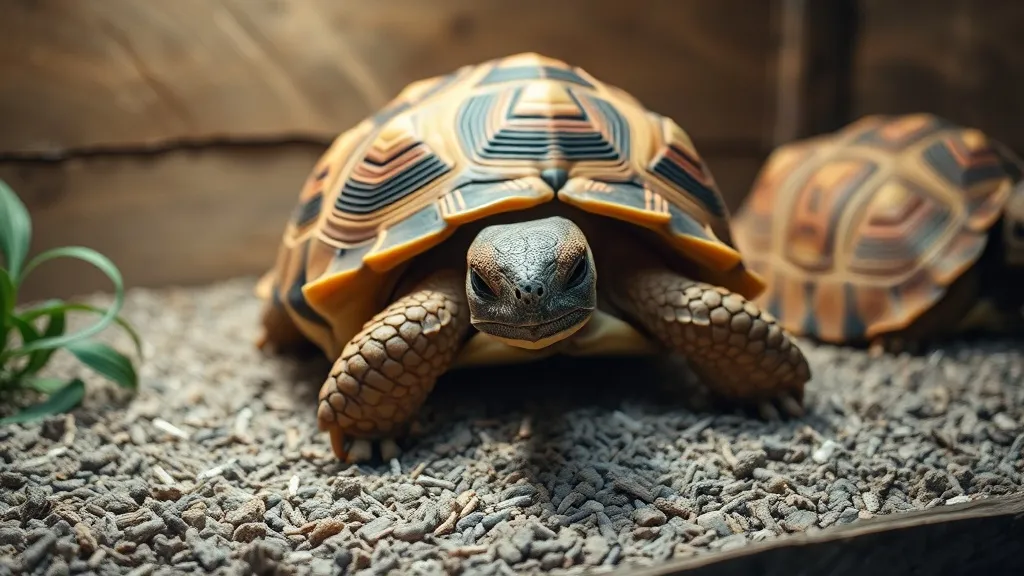 Jabuti-piranga em recinto amplo com substrato de terra e folhas secas, sob lâmpada UVB