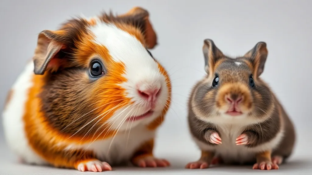 Porquinho-da-índia, coelho e hamster lado a lado em ambiente clean, ilustrando comparativo entre espécies