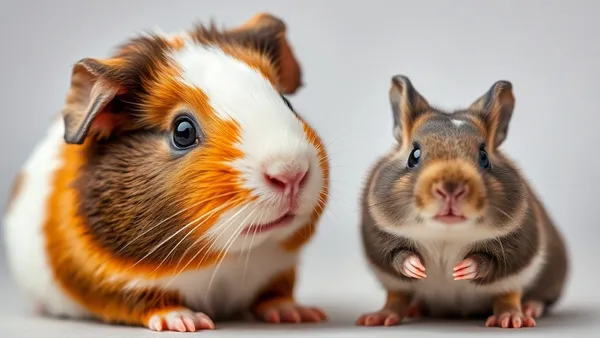 Porquinho-da-índia, coelho e hamster lado a lado em ambiente clean, ilustrando comparativo entre espécies
