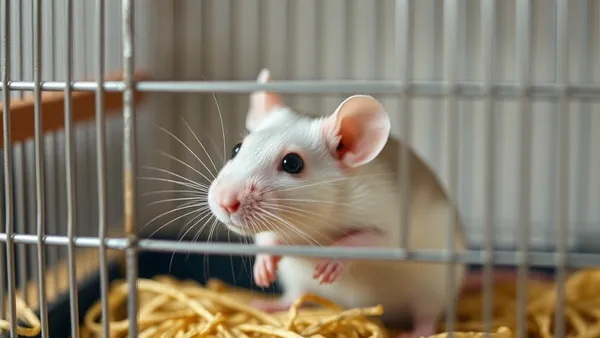 Rato doméstico branco e marrom explorando gaiola com plataformas, redes e substrato de papel