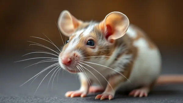Rato doméstico branco e cinza sobre superfície de madeira, olhando diretamente para a câmera em ambiente doméstico iluminado