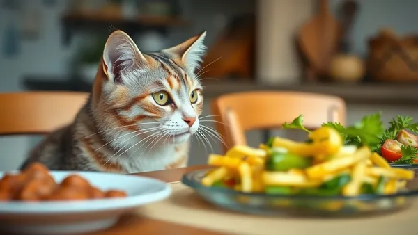 Gato doméstico observando alimentos humanos sobre a mesa da cozinha