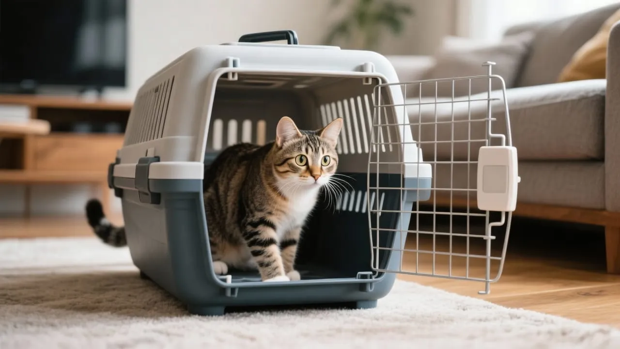 Gato curioso ao lado de uma caixa de transporte aberta no chão da sala