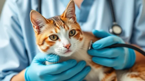 Veterinária auscultando o coração de um gato adulto com estetoscópio durante consulta clínica