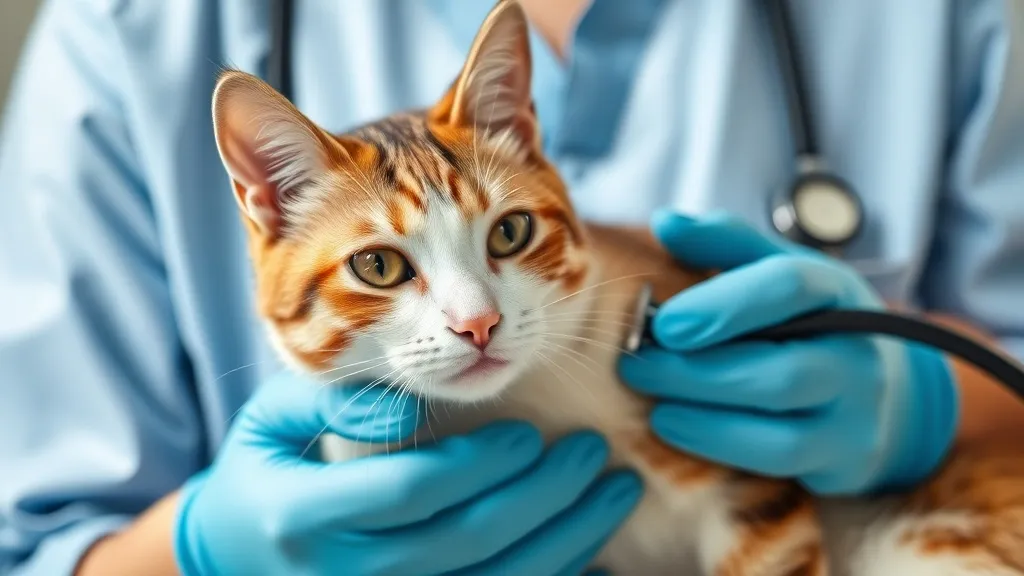 Veterinária auscultando o coração de um gato adulto com estetoscópio durante consulta clínica