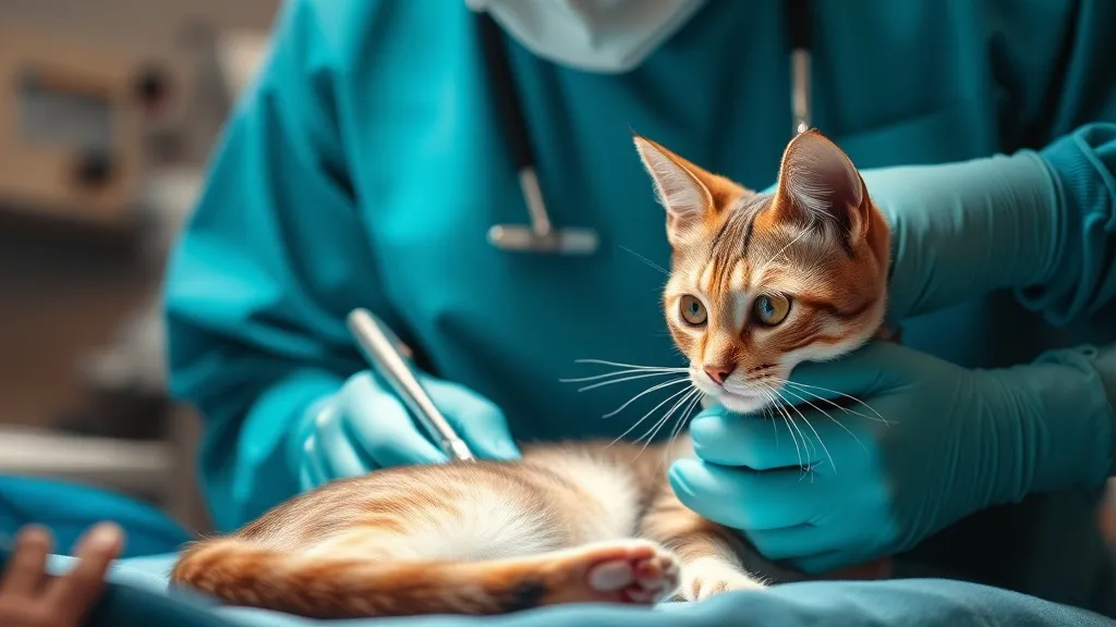 Gato jovem anestesiado em mesa veterinária com pano cirúrgico verde, preparado para procedimento de castração
